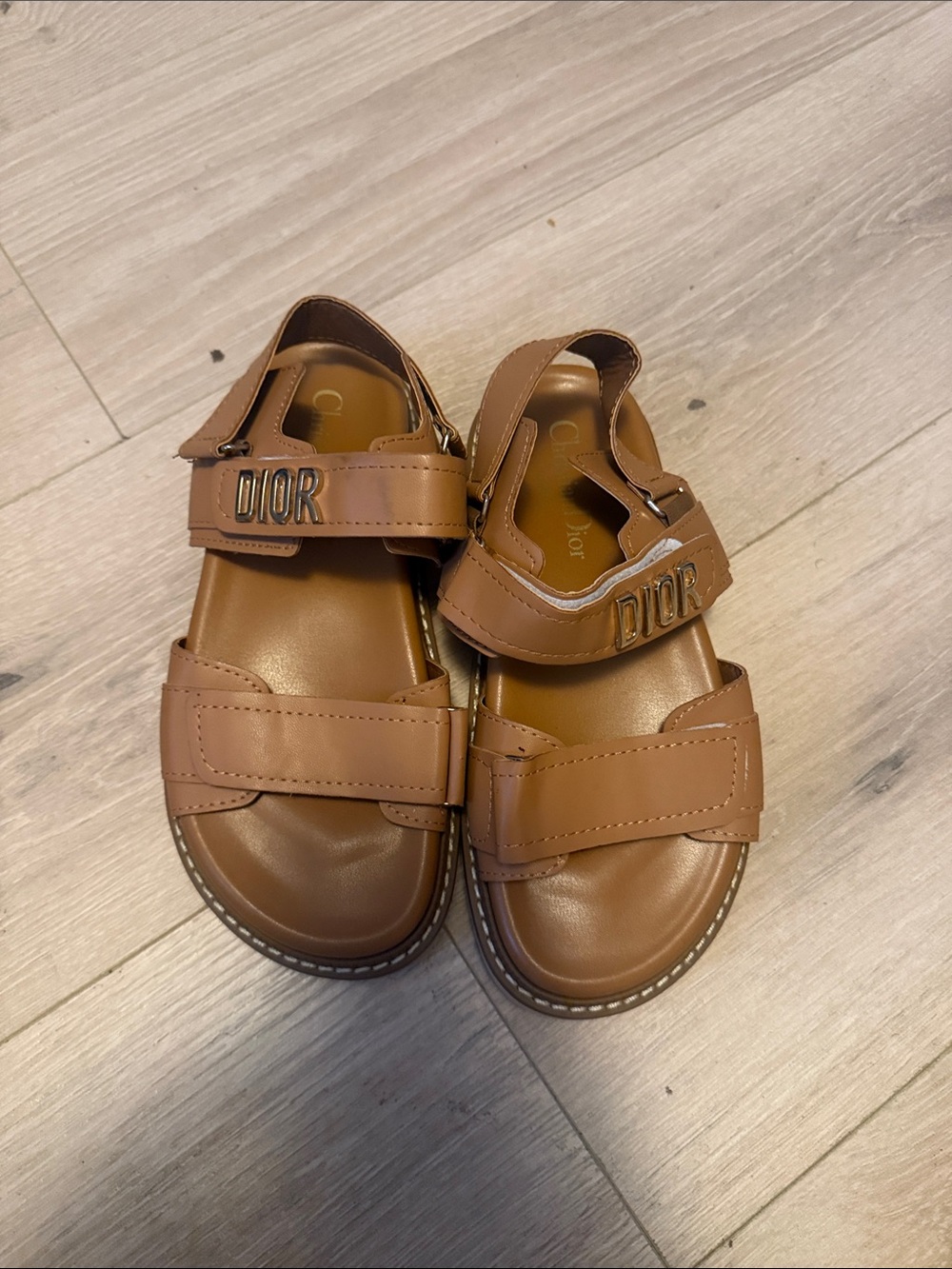 Dior Kids Tan Leather Logo-Strap Sandals